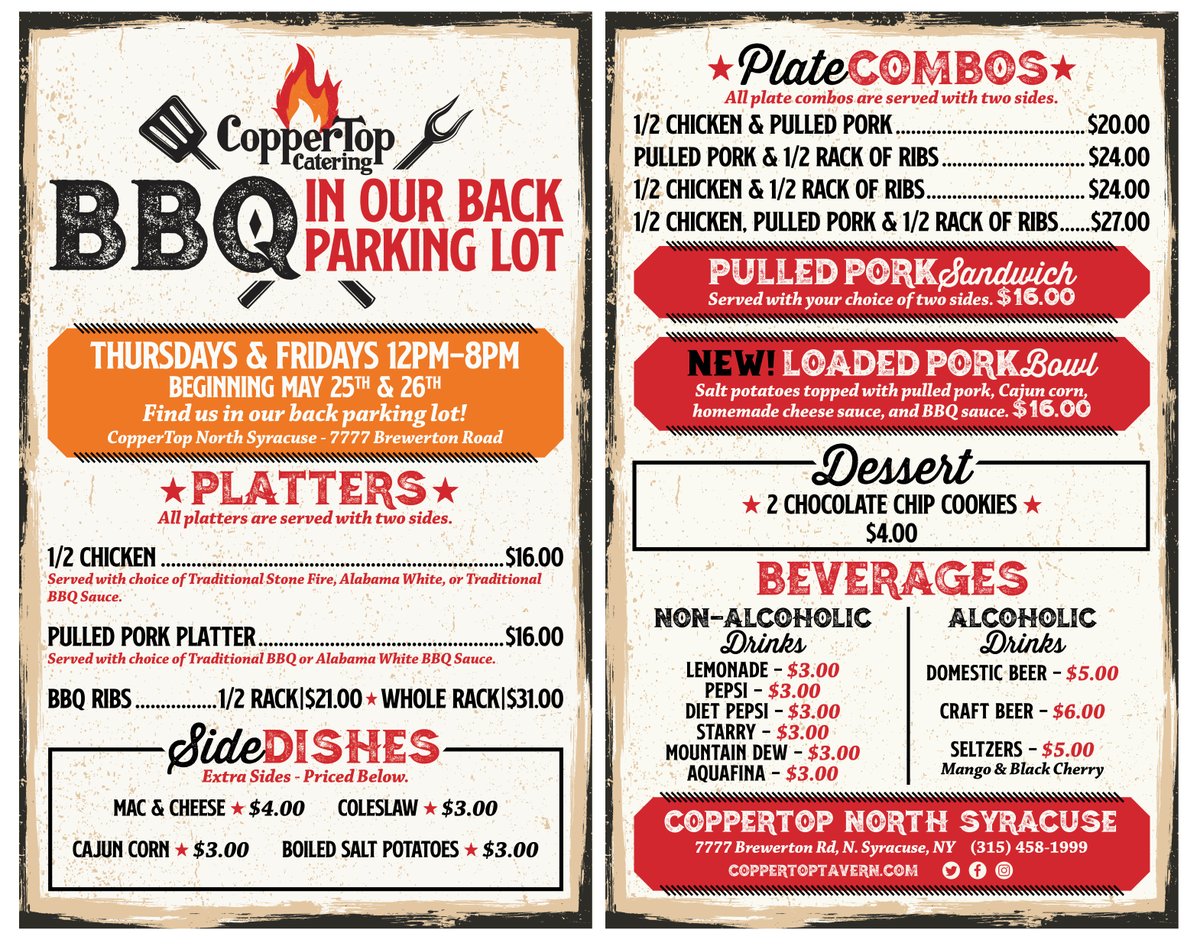 📣 View our BBQ menu! 📣
📍 CopperTop North Syracuse 📍
🍗 Thursday + Fridays 12-8PM 🍗
💵 Cash only  💵
.
.
.
.
#bbq #summerbbq #bbqlovers #bbqlife #bbqchicken #bbqribs #summercookout #brews #beer #lunchplans #cashonly