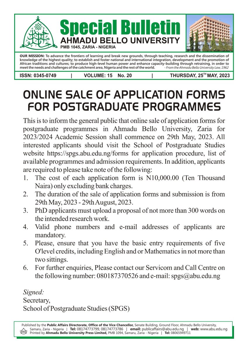 Sales of Application forms for Postgraduate programmes