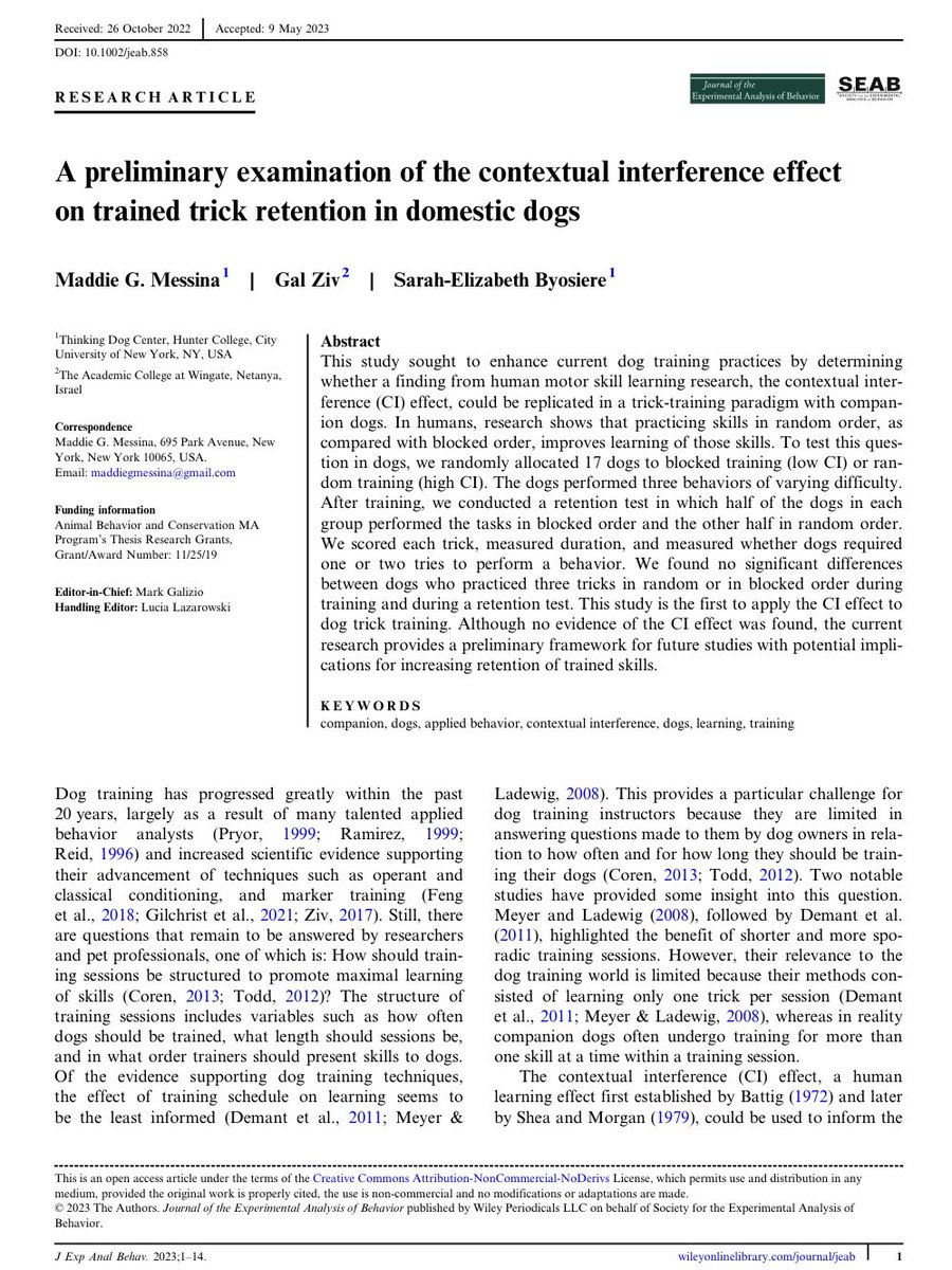 Dr. Sarah-Elizabeth Byosiere (@sebyosiere) on Twitter photo 🎉 New publication! Congrats to <a href="/PsychatHunter/">Hunter College Psychology</a> alum Maddie Messina for publishing her MA research! A novel approach to evaluate dog training skill acquisition and retention using the the contextual interference effect! Best of all, it’s open access!
onlinelibrary.wiley.com/doi/10.1002/je… 🎉 New publication! Congrats to <a href="/PsychatHunter/">Hunter College Psychology</a> alum Maddie Messina for publishing her MA research! A novel approach to evaluate dog training skill acquisition and retention using the the contextual interference effect! Best of all, it’s open access!
onlinelibrary.wiley.com/doi/10.1002/je…