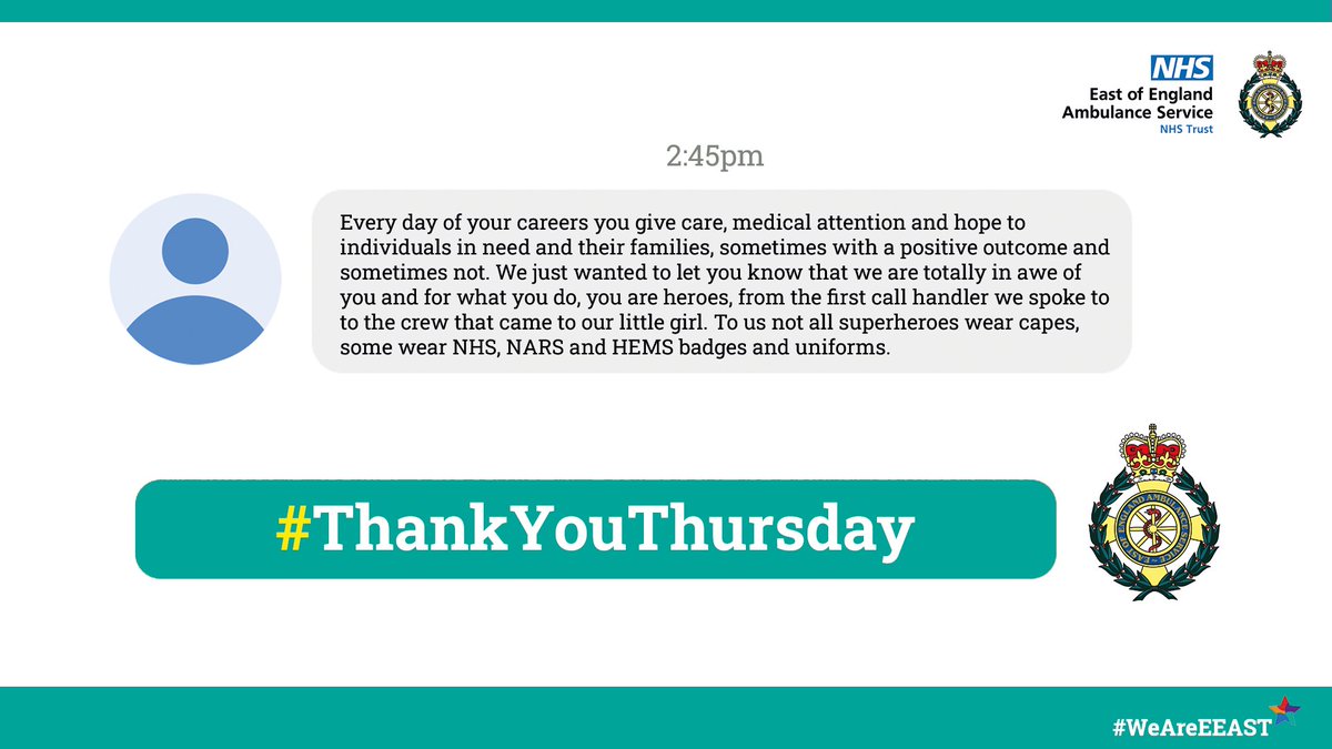 This week’s #ThankYouThursday is a lovely message to not only our staff at EEAST, but all NHS colleagues 😊

<a href="/NARSBASICS/">Norfolk Accident Rescue Service (NARS)</a> 

#WeAreEEAST #TeamEEAST