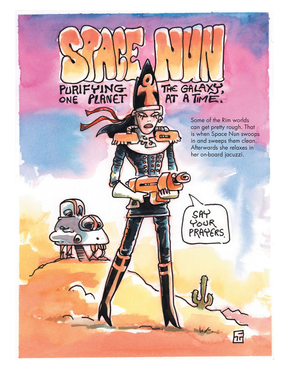 #SpaceNun is new on the scene to many, but she has been #purging the #galaxy since long before most of you was born.
loom.ly/pS2E9gM

#book #art #scifi #cartoons #comic #watercolor #superhero #space #nun #dune #benegesserit #Rim #jacuzzi #chuckwhelon #planeturf