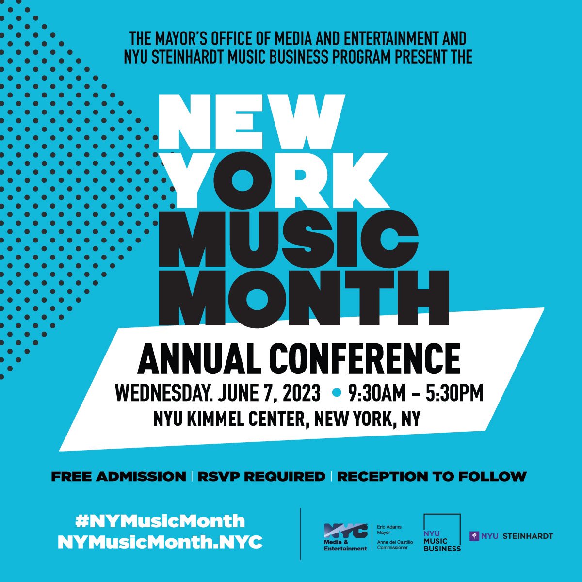 This is your reminder to RSVP for the #NYMusicMonth conference presented by MOME and @NYUSteinhardt Music Business Program. Full line up &amp; RSVP link here nymusicmonth.nyc/2023-conferenc… 

See you Wednesday, June 7, 2023 at NYU Kimmel Center!