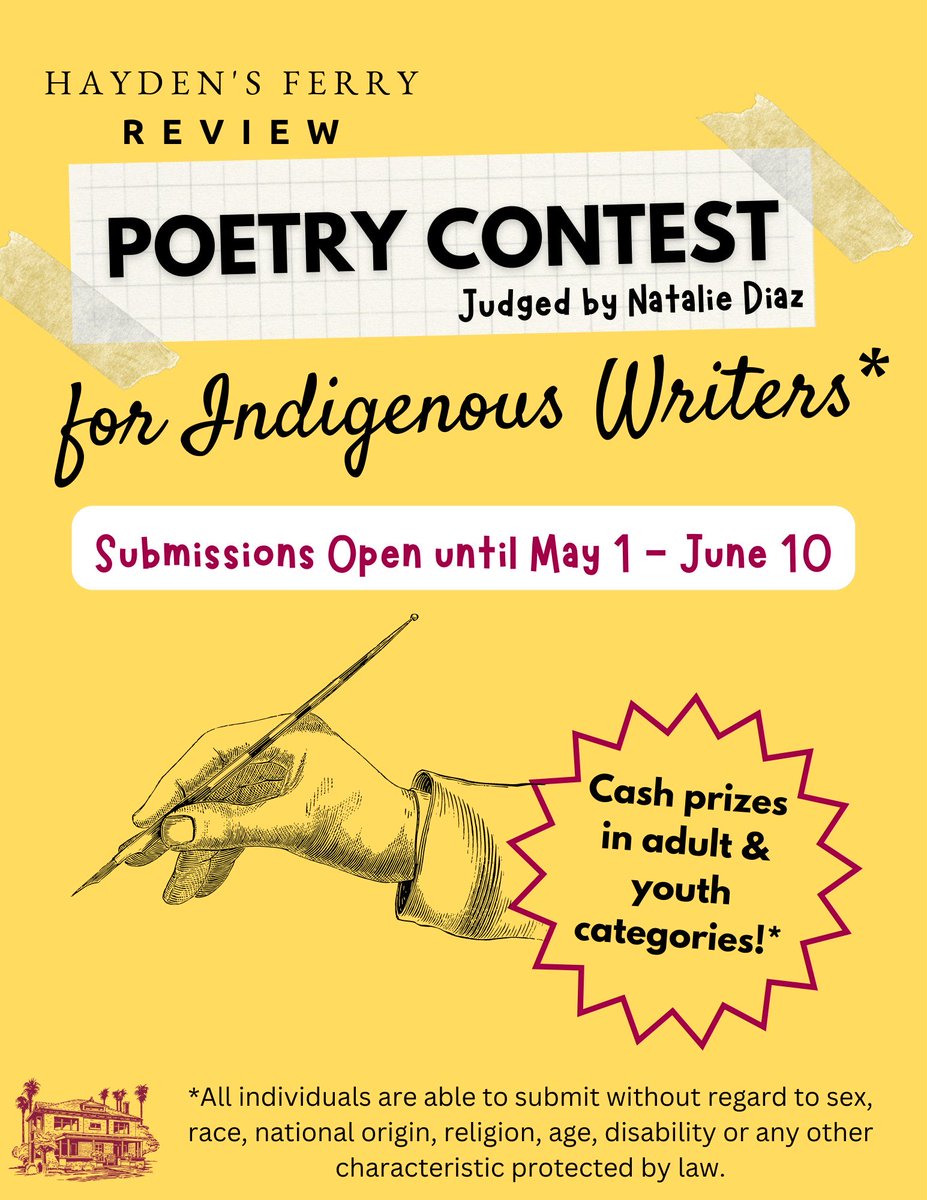 haydensferryrev's tweet photo. Submissions are open for our inaugural Indigenous Poets Prize judged by @NatalieGDiaz until June 10th! Winners will receive a cash prize! 

Help us spread the word! 

https://t.co/SdXB2p8Fg0 https://t.co/HR08zv5bKf