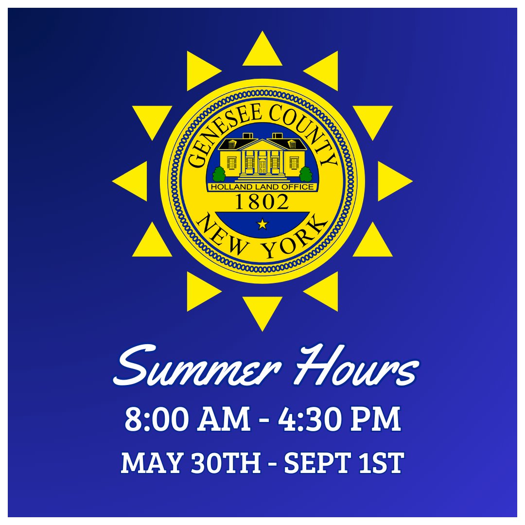 Genesee County Offices will shift their hours of operation from the previous hours of 8:30 am to 5 pm to the summer hours of 8:00 am to 4:30 pm. As in years past, this slight shift of hours will not affect the total number of hours that County Offices will be open to the public.