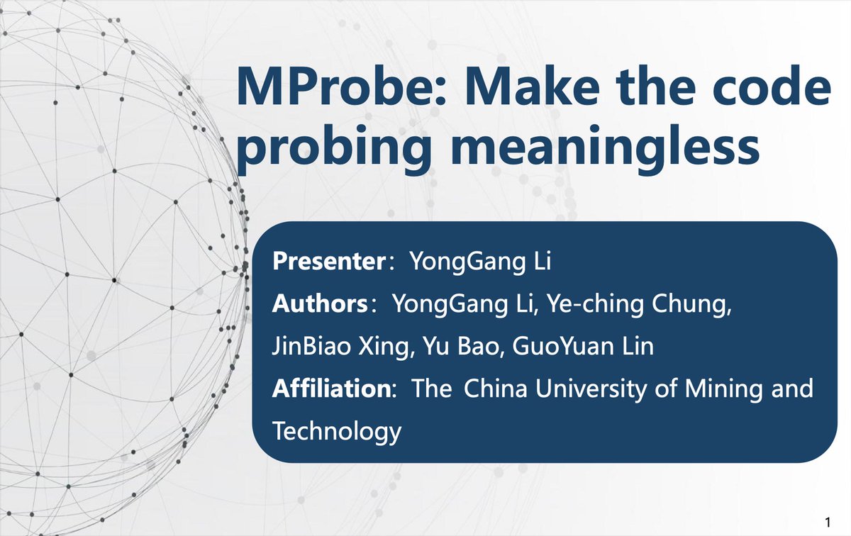 ACSAC_Conf's tweet image. On this #ThrowbackThursday, we look back at #ACSAC2022's "Malware" session. It started off with Li et al.'s "MProbe: Make the code probing meaningless", followed by Yan et al.'s "DitDetector: Bimodal Learning based on Deceptive Image and Text for Macro #MalwareDetection" 1/