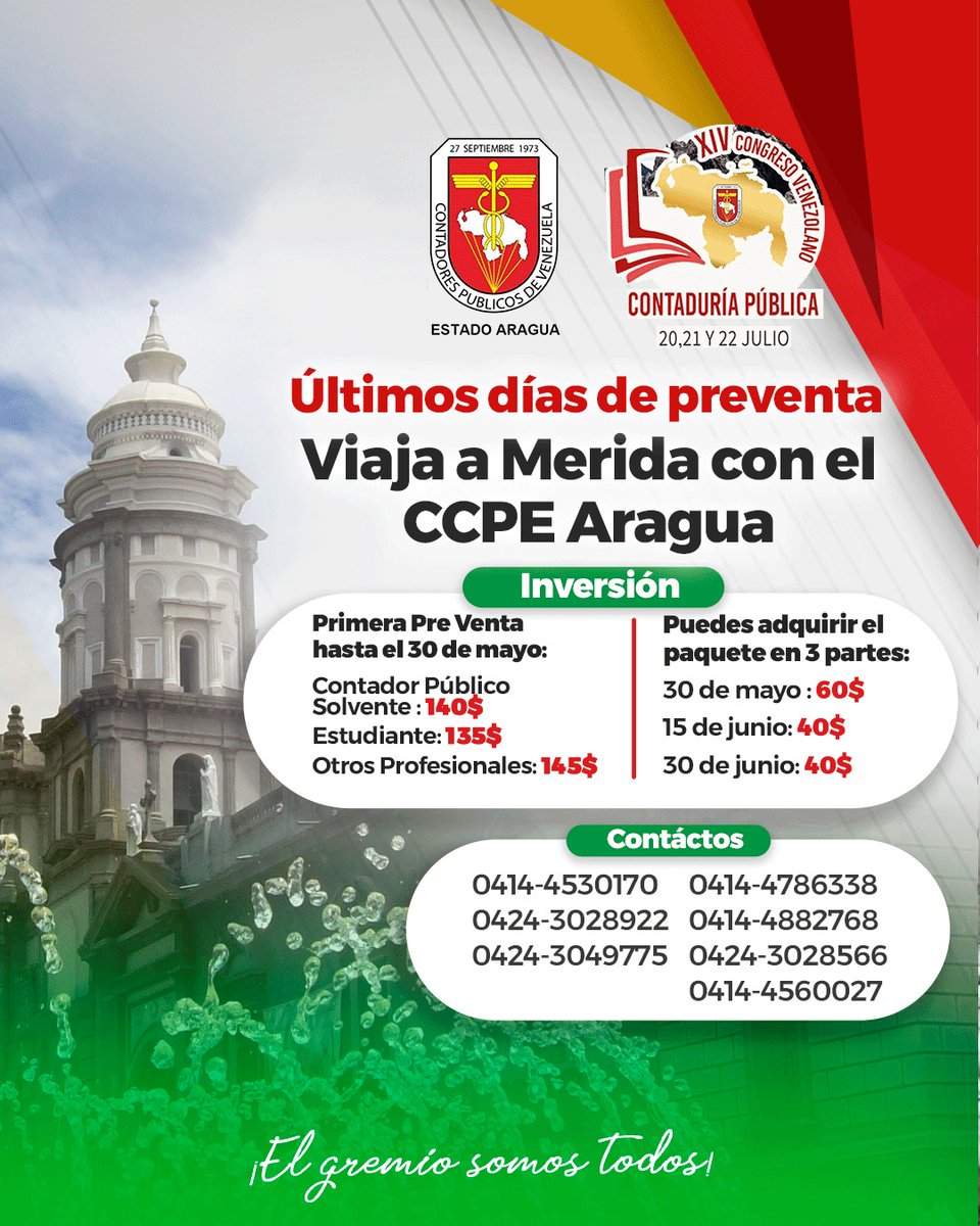 ccpAragua's tweet photo. El Colegio de Contadores Públicos de Aragua preparó para sus afiliados y público en general un itinerario exclusivo para viajar a Mérida y participar el el XIV Congreso de Contaduría Pública en el mes de julio.

📌Aprovecha los últimos días de PREVENTA 📌 https://t.co/bnaJHYNMXC