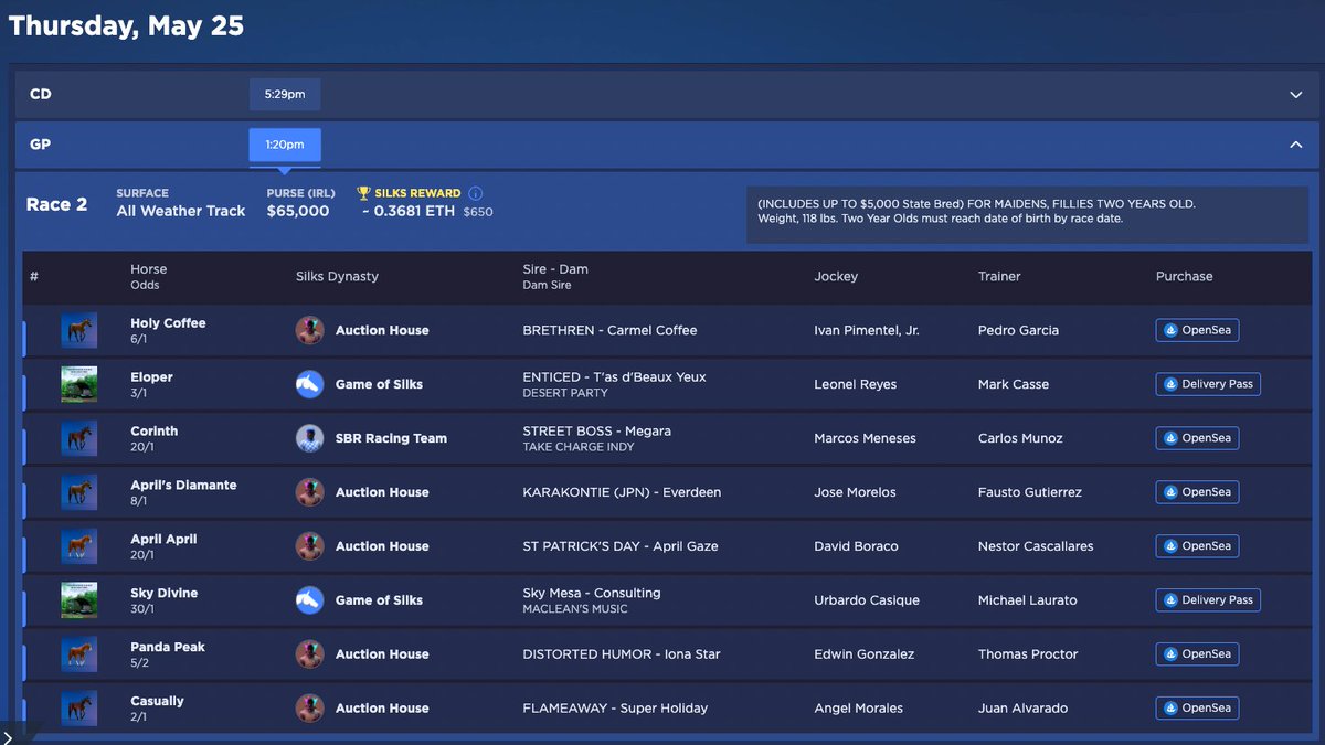 My first #GameofSilks two year old, Corinth, is racing today at Gulfstream Park. Exciting times! There are six other horses in the race that are up for auction today at opensea.io/silksauctions . So who's racing with me?!