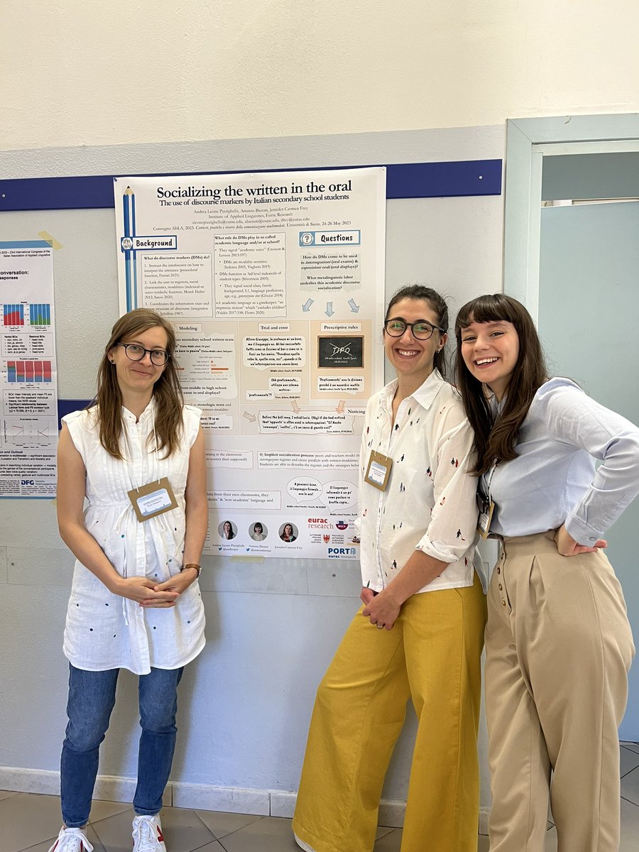 AriannaBienati's tweet photo. Heyyy! We’re at #AItLA @UniStraSiena to present a poster on discourse markers’ use in interrogazioni in middle and high schools. You can guess from our faces that we had a lot of fun 🤩 https://t.co/BY2VJgkYMa