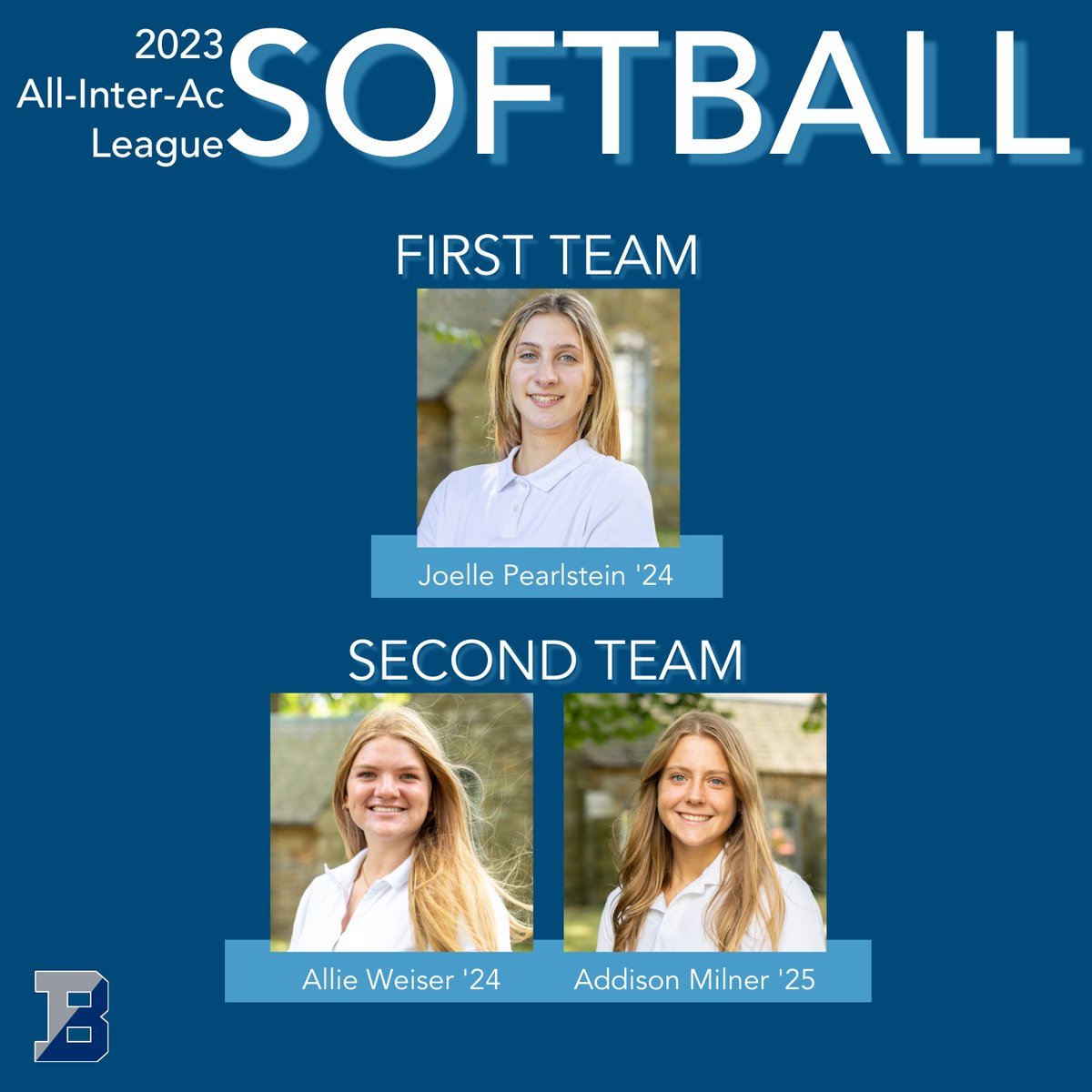 TheBaldwinBears's tweet photo. Congrats to our Softball athletes who were recognized with All-Inter-Ac League honors! Go Bears!

-Joelle Pearlstein '24 - First Team
-Allie Weiser '24 - Second Team
-Addison Milner '25 - Second Team

#baldwinproud #allinteracleague #gobears #athletichonors https://t.co/xHB7kPONp6