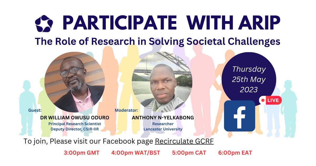 Less than an hour to go before @csir_iir @csir_ghana Deputy Director William Oduro talks live with @nyeltony on the role of #research in solving societal challenges. Visit our #FB page to watch. facebook.com/recirculate.gc…