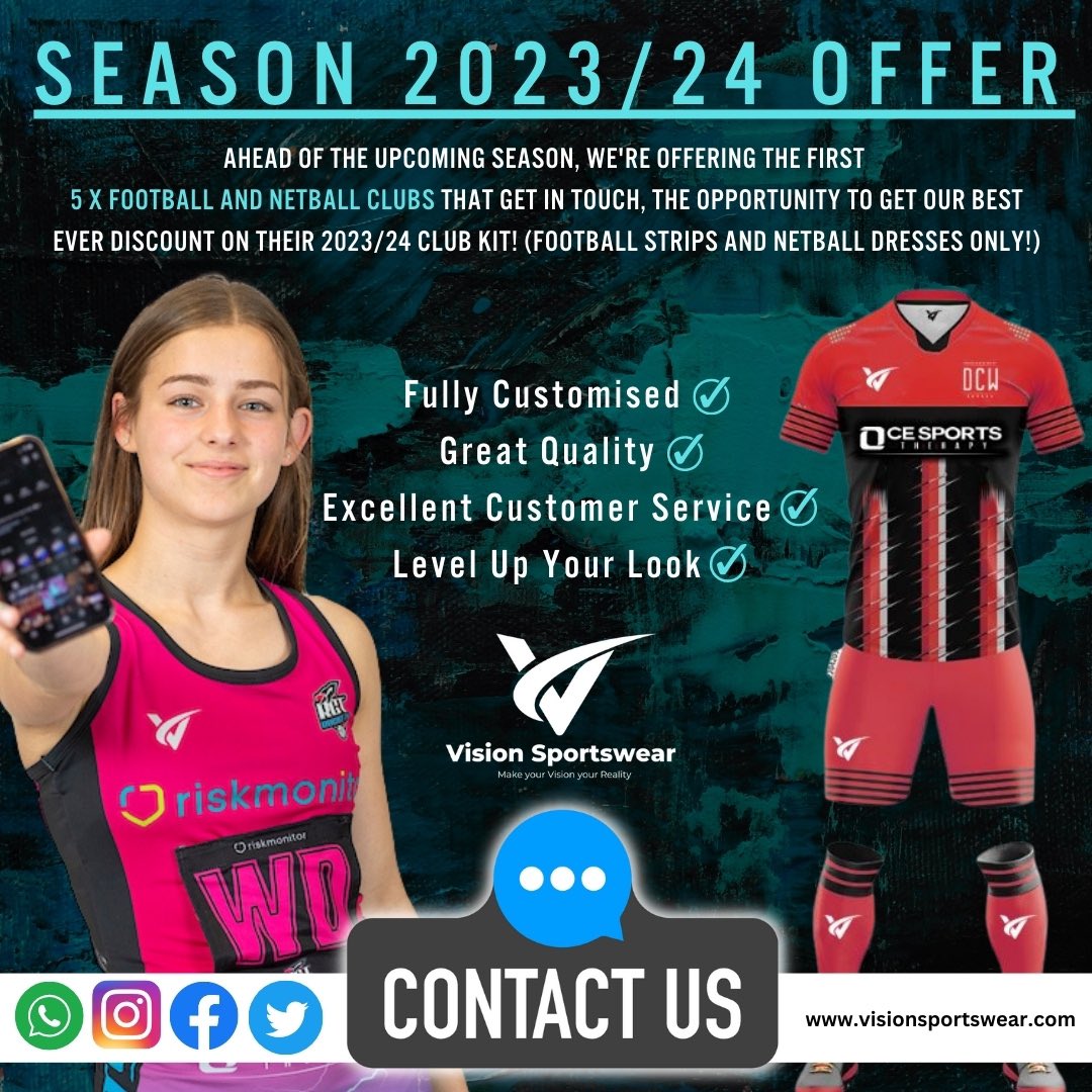 VisionSportwear's tweet image. Vision Sportswear Launch Offer!!
⭐️⭐️ Ahead of the upcoming Season, we're offering the first 5 x Football and Netball Clubs that get in touch, the opportunity to get our best ever discount on their 2023/24 club kit! (Football Strips and Netball Dresses Only!) ⭐️⭐️ Get in Touch!