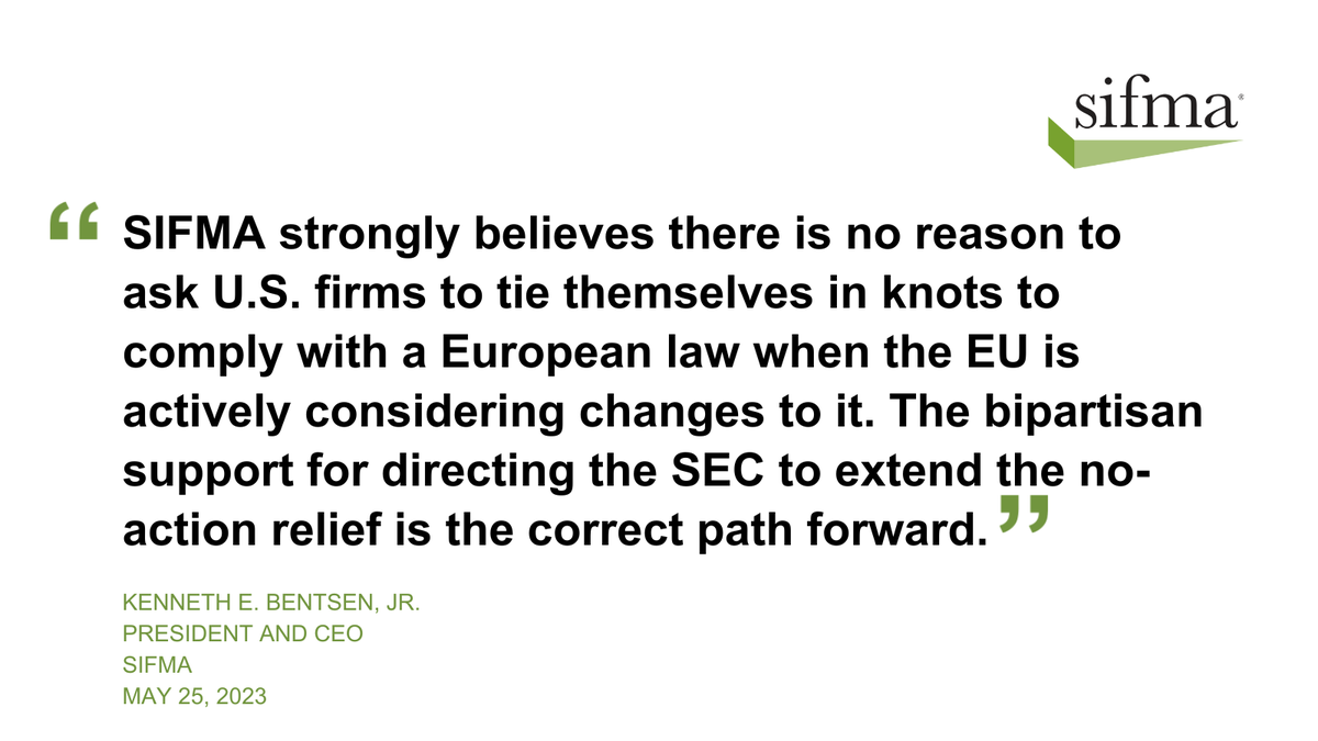 SIFMA's tweet image. SIFMA applauds the HFSC's bipartisan, overwhelming vote for H.R. 2622, which would direct @SECGov to extend the #MiFIDII no-action relief for 6 months and study the potential impact of expiration of the relief. Our full statement: bit.ly/3N6aexP