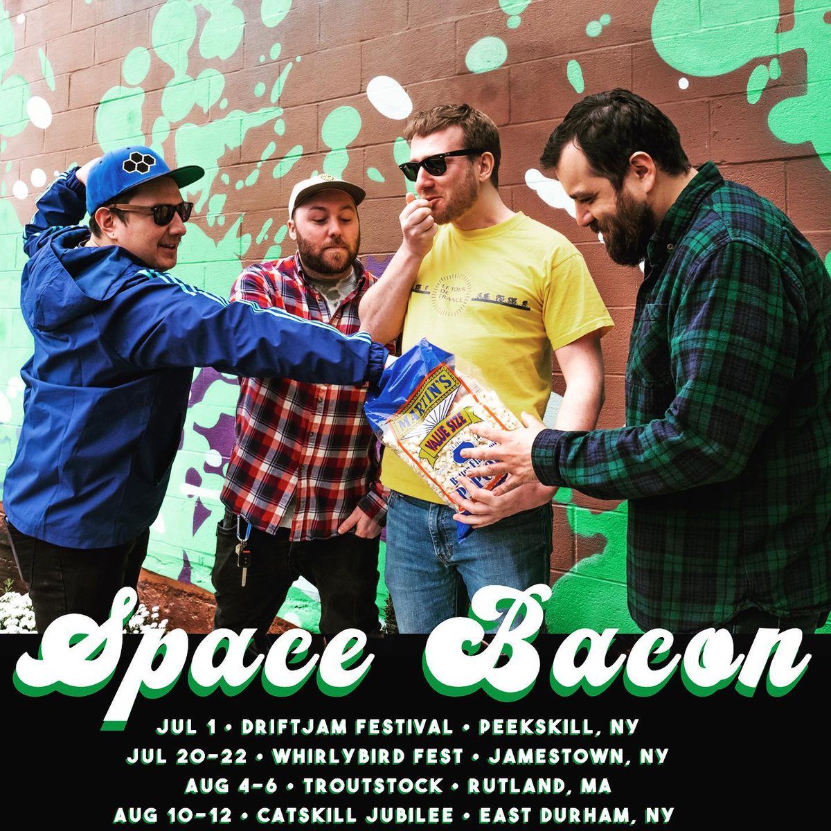 SpaceBaconMusic's tweet photo. Who’s ready for #summer?! We can’t wait to see you all at some incredible festivals this year, including two sets at #DriftJam in #Peekskill, NY on 7/1, plus appearances at #WhirlyBirdFest , #TroutStockFest , and @cmjubilee!

#SpaceBacon #jamband #jambands #musicfestivals https://t.co/QrTLA6bXo0