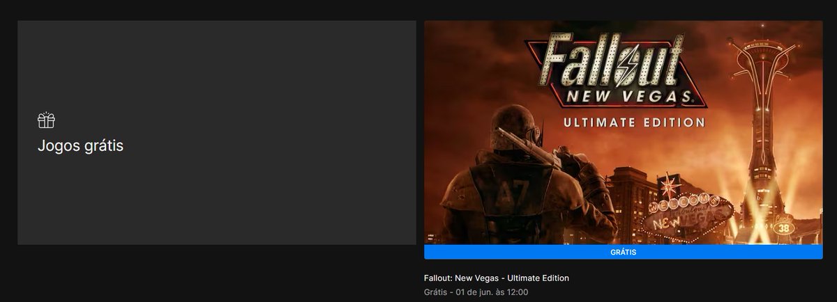 Gameplayscassi's tweet photo. 🚨🚨Fallout: New Vegas é o Jogo Grátis Misterioso da Epic Games Store!

Fallout: New Vegas será liberado gratuitamente ao meio dia de hoje, e ficará disponível para resgaste grátis e permanente até a próxima quinta-feira, dia 1º de junho. https://t.co/VWwKYYXuzD