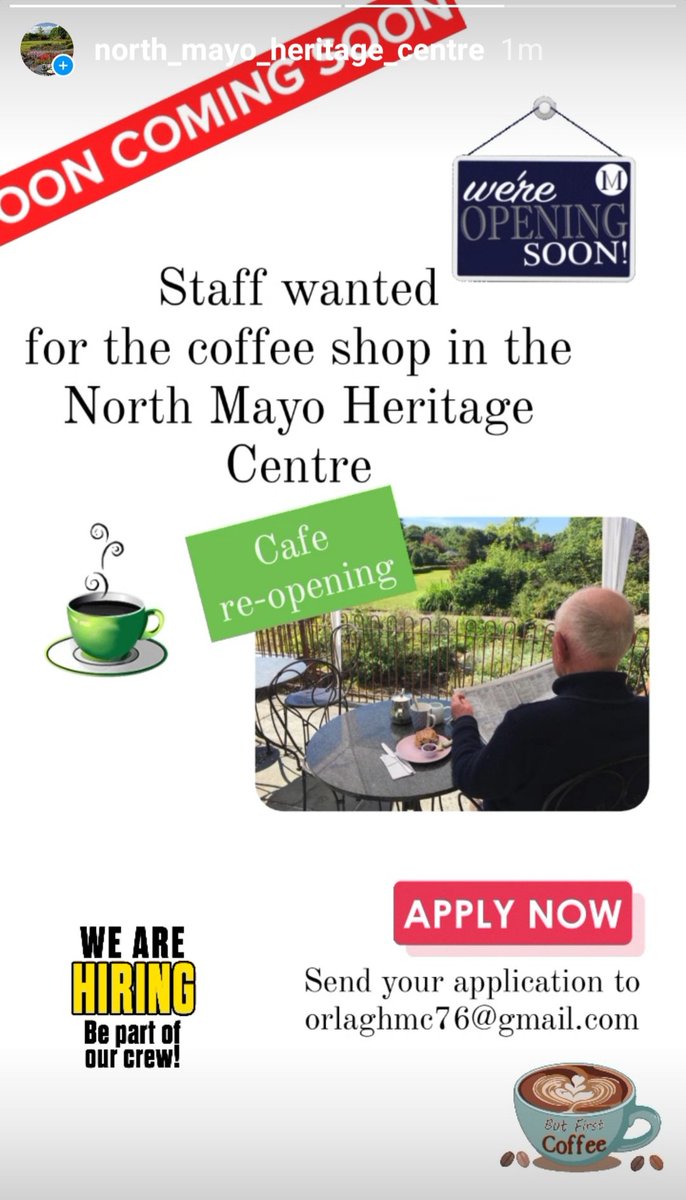 North Mayo Heritage Centre (@mayoancestors) on Twitter photo ☕ Cafe re-opening!🎂🍞🥬
Staff wanted. For enquiries or to apply, please email orlaghmc76@gmail.com ☕ Cafe re-opening!🎂🍞🥬
Staff wanted. For enquiries or to apply, please email orlaghmc76@gmail.com