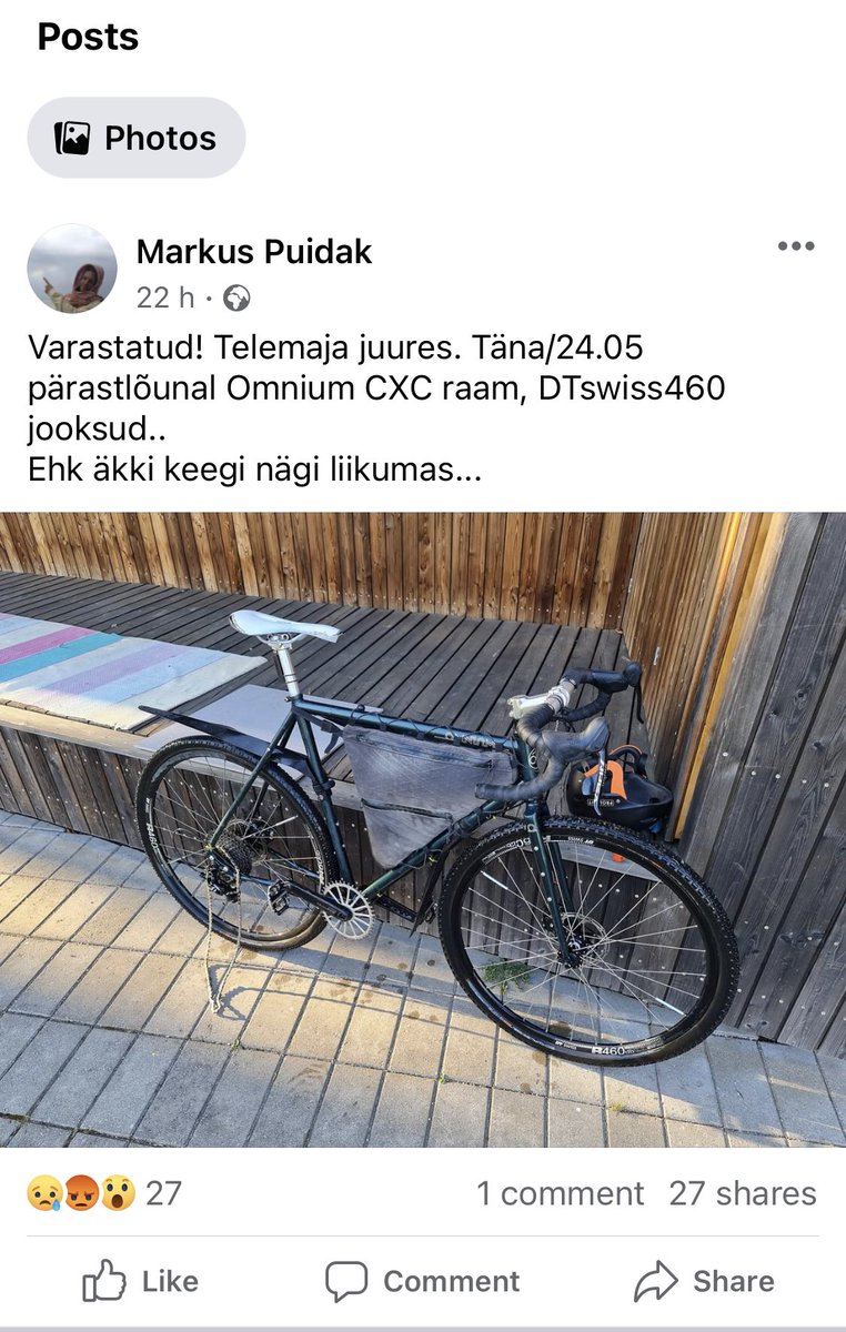Kaverilta varastettiin eilen pyörä Tallinnasta. Jos joku sattuu kauppaamaan Omniumin CXC runkoa DTswiss 460 kiekoilla epäilyttävään hintaan Helsingin seudulla, ni saattaa olla tämä pyörä kyseessä. m.facebook.com/story.php?stor…

#pyöräilytwitter