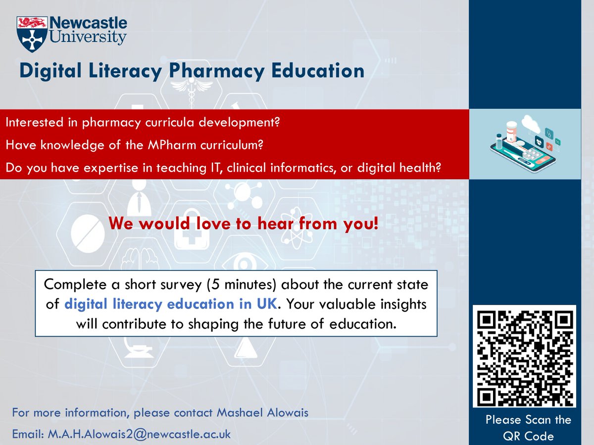 📢Call for participants!! 🇬🇧 Share your insights! Take our 5-minute survey on current state of digital literacy education in the UK: qfreeaccountssjc1.az1.qualtrics.com/jfe/form/SV_eW… Help shape the future of education! #DigitalLiteracy #PharmacyEducation @NazarHamde @ClareLTolley