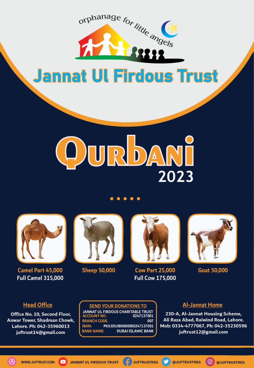 juftrustreg's tweet photo. Eid ul Azha is approaching and like every year, JUF looks forward to your contributions in qurbaani, which will all be dedicated to feeding the poor. May Allah accept all your sadqat
#JUF #EidulAzha https://t.co/tSBoGqRmSL