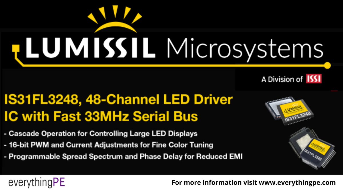 everything_PE_'s tweet photo. Lumissil Launches 48-Channel LED Driver IC with 16-bit PWM and Programmable Current Adjustments

Read more: https://t.co/YOFNEA056k

#ledlighting #pwm #leddriver #powerelectronics #led #highresolution #powersupply @lumissil https://t.co/DO7oGw7NEF