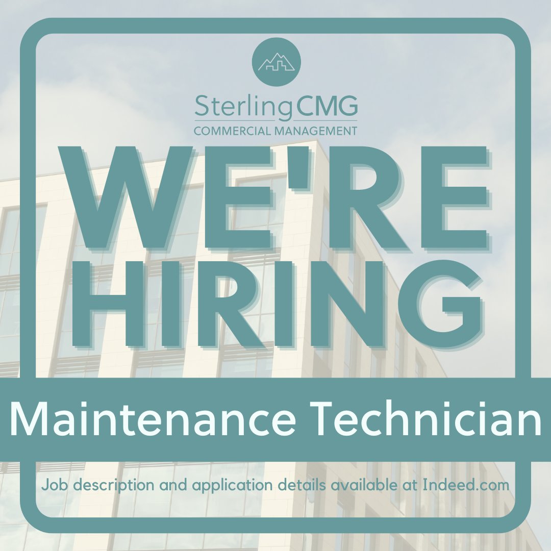 Sterling_CRE's tweet photo. Sterling Commercial Management Group is hiring a Maintenance Technician in Missoula. Responsibilities include property inspections, tenant service requests, and construction oversight. 

Full-time position with $22-$25/hour salary and benefits. Apply at https://t.co/urhYKKmIJ7 https://t.co/m5HSpUKT3i