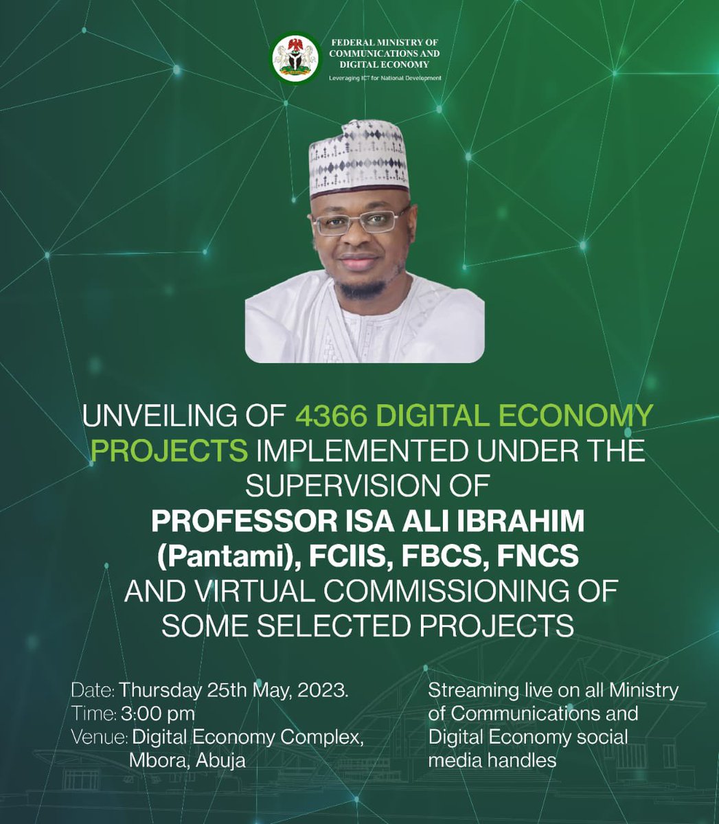 ProfIsaPantami's tweet image. PRESS STATEMENT

Pantami to Unveil 4,366 Projects Implemented in the Digital Economy Sector in 4 Years

The Minister of Communications and Digital Economy, Professor Isa Ali Ibrahim (Pantami), will today, the 25th of May 2023, unveil projects as part of the 4,366 projects…
