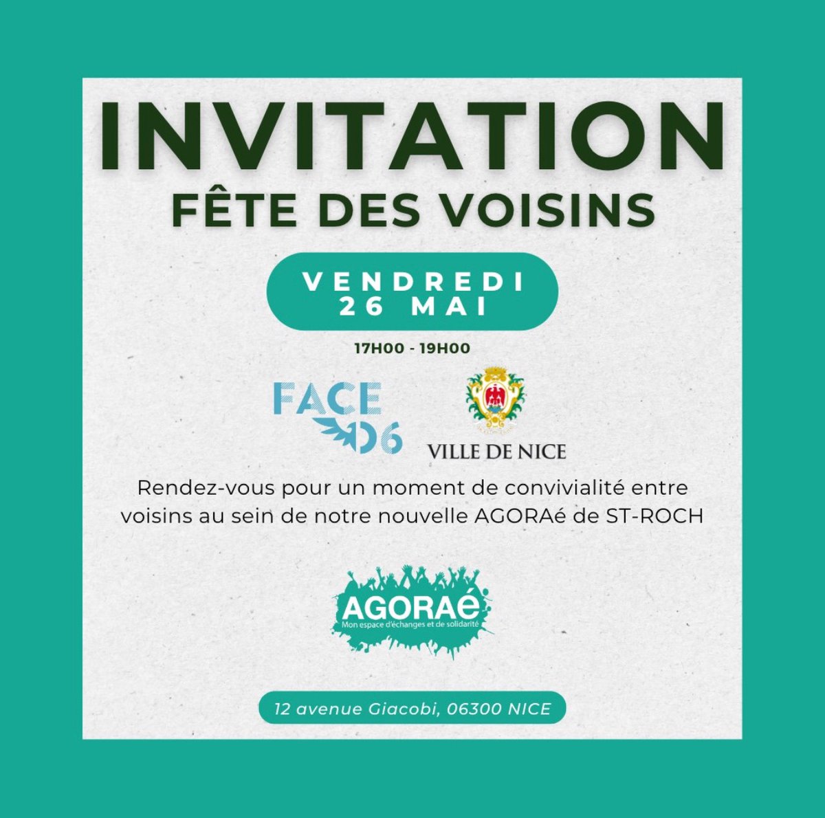 Pour la #Fêtedesvoisins, un apéritif sera organisé à l'AGORAé St-Roch (12 rue Giacobi 06300 Nice)📍à 17h.
L'occasion de partager moment convivial avec nos bénévoles, les #etudiants, les habitants du quartier et de vous présenter cette nouvelle épicerie solidaire étudiante. Venez