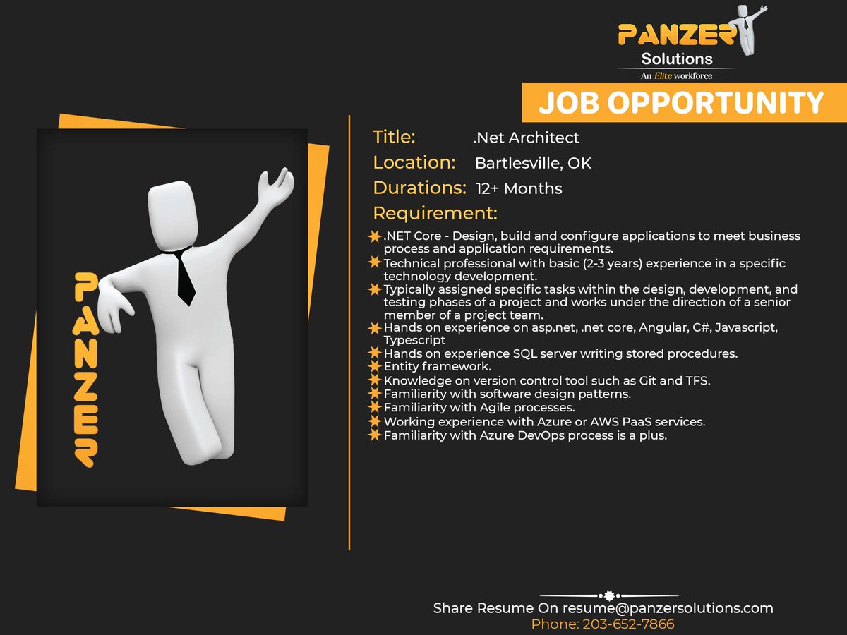 panzersolution's tweet image. Job Title: .Net Architect
Location: Bartlesville, OK
Duration: 12+ Months
Share resumes at resume@panzersolutions.com
Or for more job requirements, click on the below link
Click Here: panzersolutions.com/jobopportunuti…
#PanzerSolutions #dotnetarchitect #DotNet #jobs #bartlesville #Oklahoma
