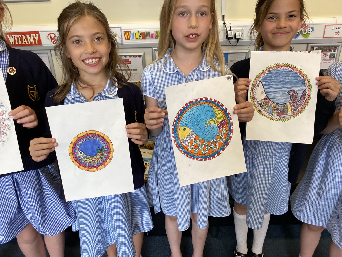 StMikesCoE's tweet photo. These Year 4 pupils have created some lovely Madhubani Indian Folk Art, inspired by the book they are studying:  'How The Stars Came To Be', written and illustrated by Poonam Mistry - THE FINISHED PRODUCTS! https://t.co/dbH1ek6Lcu