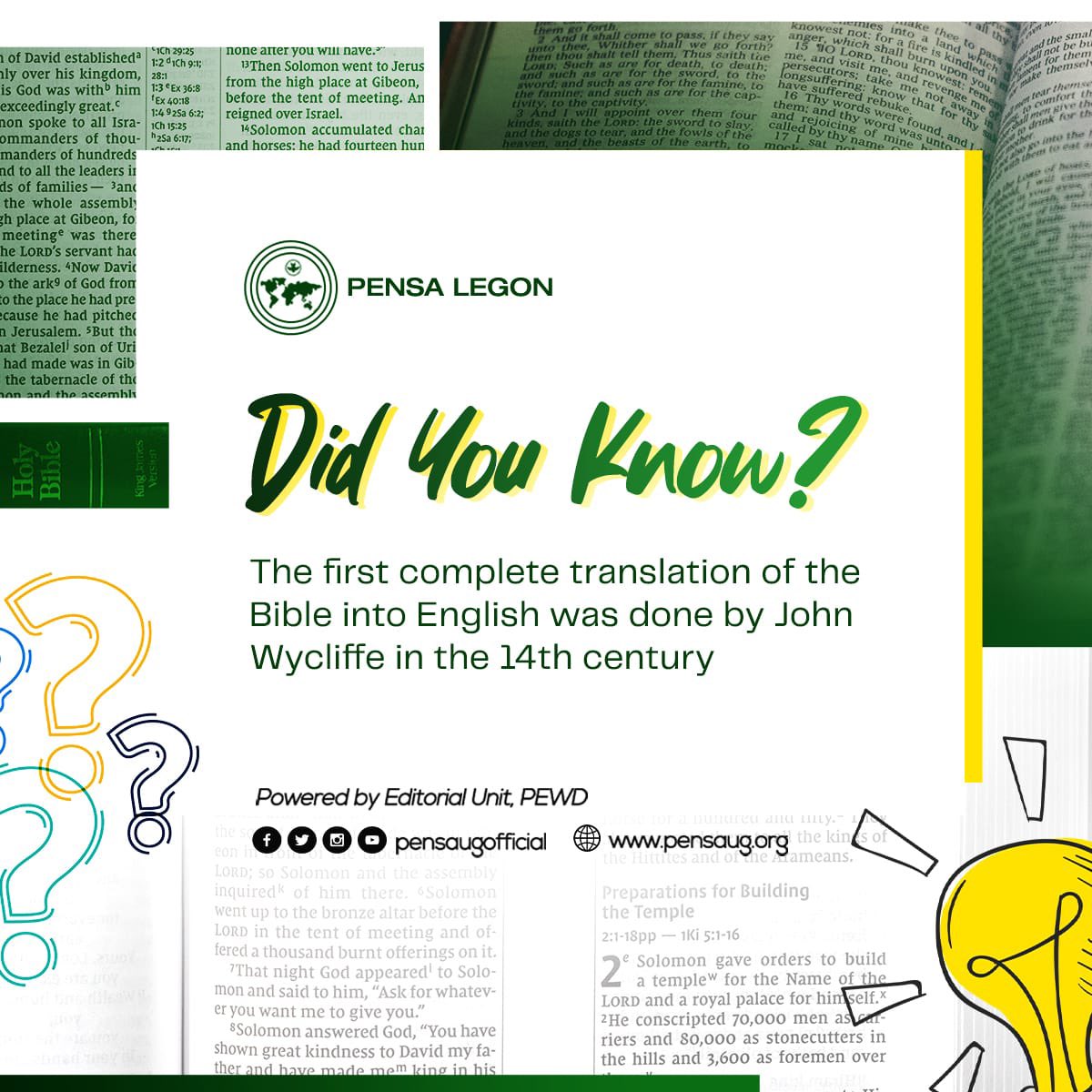 pensaugofficial's tweet image. DID YOU KNOW❓🤔

The first complete translation of the Bible into English was done by John Wycliffe in the 14th century. ✍️ 📖

#BibleFacts
#BBC'23
#DidYouKnow?

©️ _Editorial Unit, PEWD_