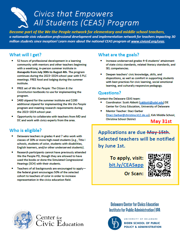 ICYMI: 4th &amp; 7th grade #civics teachers in #Delaware (also MD/DC) can apply until May 31st to participate in a PAID Summer Institute Jul 30-Aug 4 in Annapolis on implementing the #WethePeople program from Center for Civic Ed. Apply here bit.ly/CEASapp #CivXNow