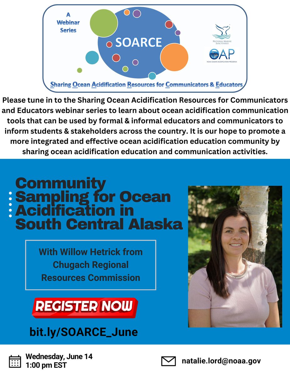 Join us on June 14 at 1pm EST for our #SOARCE webinar!

Learn about the Chugach Regional Resources Commission and Alutiiq Pride Marine Institute #community water quality and #OceanAcidification monitoring program in Southeast Alaska!

Register here: bit.ly/SOARCE_June