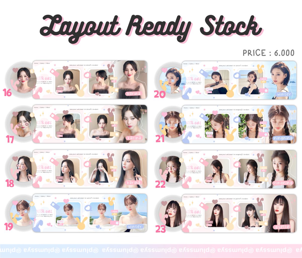 [ ♡ ] ; a retweet would be appreaciated !

halooo aku bawa layout AESPA ready stock nih 😍 price 5k-6k/each dapet ava png only yaa! bisa langsung di take jadi cuss buruan dm 😋🤍 payment spay, dana, gopay, qris +1k 🎀
mari mari jajann bersama celyy 🫶🏻

#zonauang #zonajajan