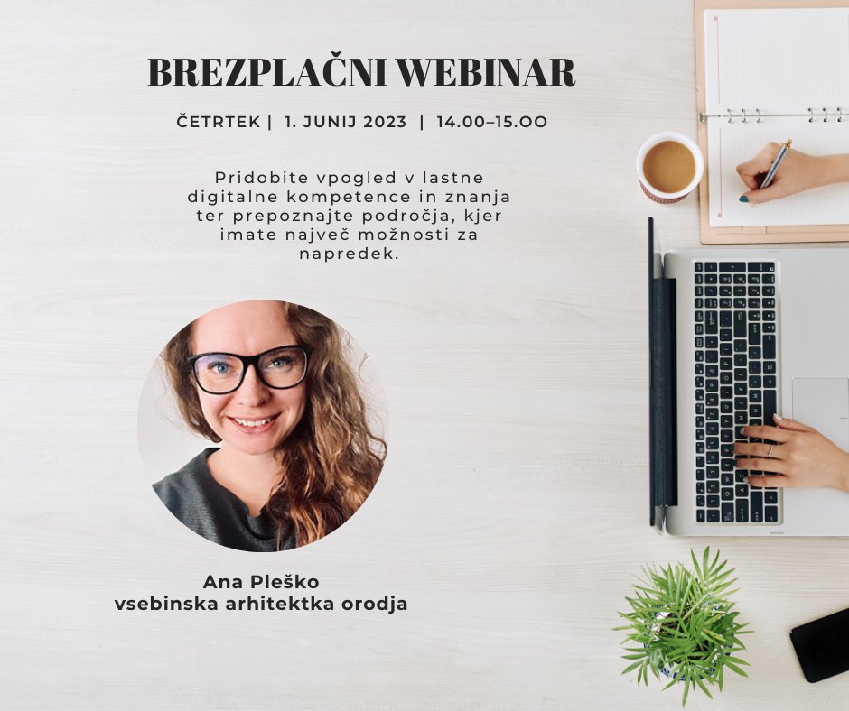 📣 Poziv k prijavi! 📣
Vas zanima izboljšanje vaših digitalnih kompetenc in znanj? Pridružite se našemu brezplačnemu webinarju, na katerem bomo predstavili in raziskali orodje za samoocenjevanje digitalnih kompetenc in znanj.

#DIHSlovenije #Digitalskills

dihslovenia.si/aktualno/dogod…