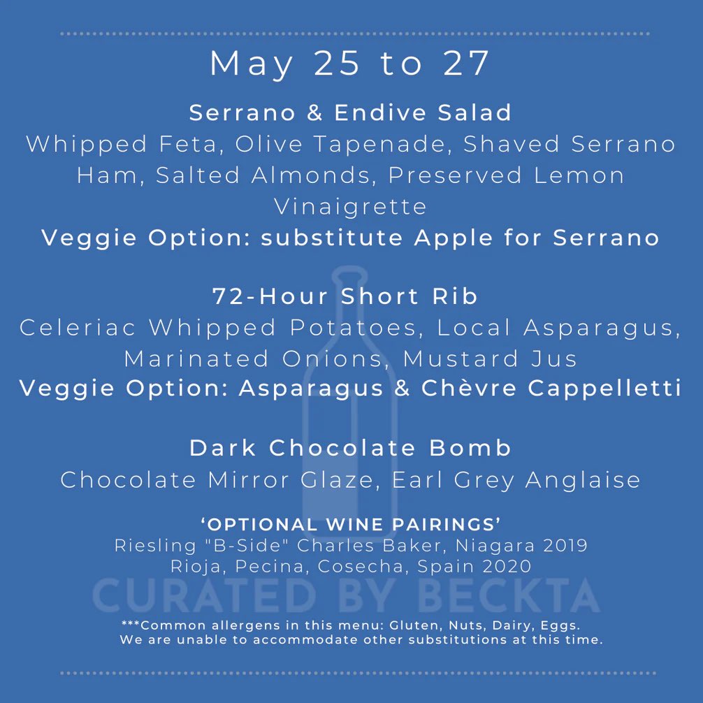 This week’s featured menu is full of flavour AND easy to finish!

2-course meal starts at $42
3-course meal starts at $50
Dinner to 2 Food &amp; Wine Pkg is $160+HST

Available for delivery or pickup today through Saturday. Don’t miss out on DELICIOUS #hospitalitydelivered!
