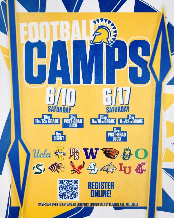 RealCoachCarter's tweet image. Baller 🏈Alert! Register Now for the ⁦@SanJoseStateFB⁩ Camps June 10th &amp;amp; 17th. Come show up &amp;amp; Show out! Come get coached by some of the best coaches in the Country!! #SpartanUp