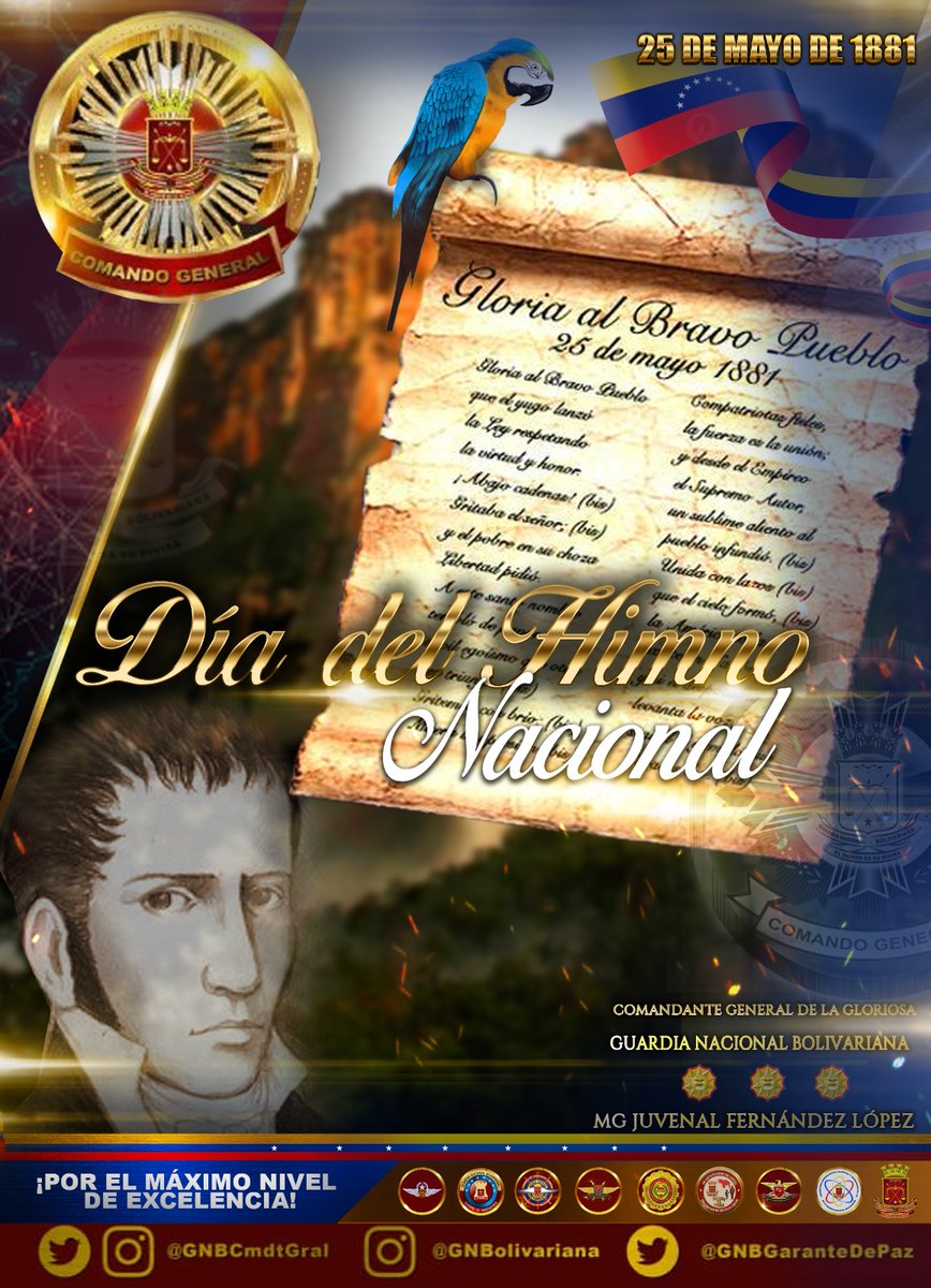 MGJuvenalFL's tweet photo. Desde la Guardia Nacional Bolivariana, conmemoramos 142 años del decreto, que estableció el "Gloria al Bravo Pueblo" como el Himno Nacional de Venezuela. Escuchar e interpretar sus gloriosas notas, enaltece nuestro profundo orgullo Patrio. https://t.co/gFWPfCuWiI