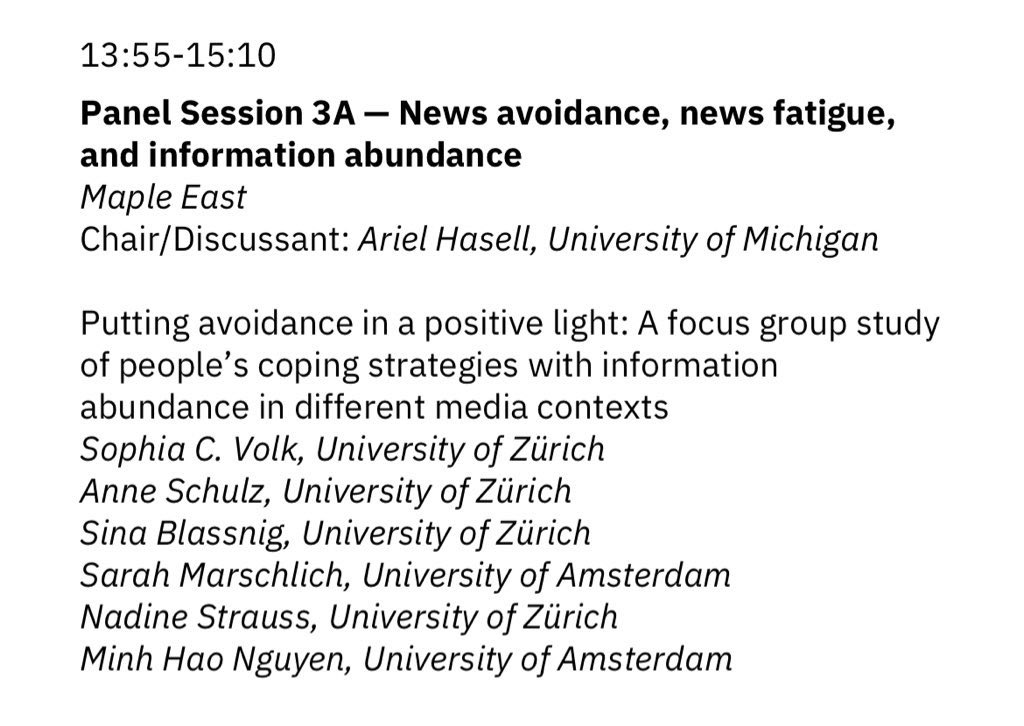 At today’s #ica23 #newsavoidance preconference, @sophia_c_volk is presenting our focus group study on information abundance and coping strategies across the contexts of news, personal comm, and entertainment @annisch @SarahMa187 @nadinestrauss @sina_jb