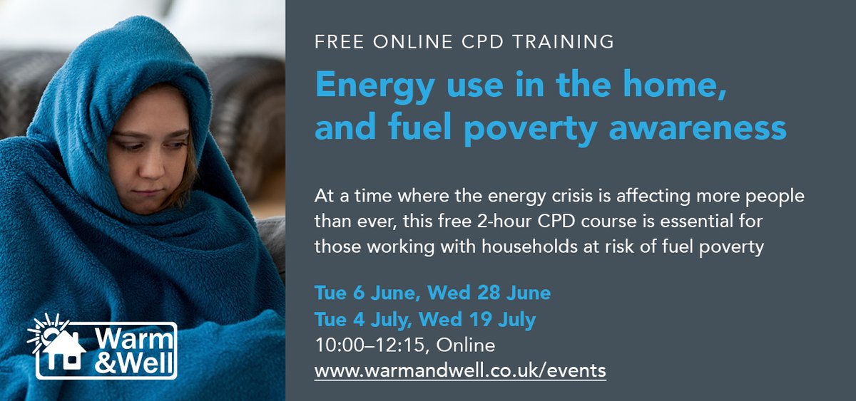 Severn Wye provides FREE CPD training for staff and #volunteers in organisations in #Goucestershire and #SouthGloucestershire.  Details and booking at htpps://www.warmandwell.org.uk/events.  
#freecpd #freecourses #training #CPD #fuelpoverty #energy #EnergyEfficiency