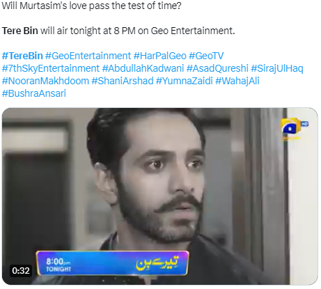 AmazonVA786's tweet photo. Will Murtasim's love pass the test of time?   Tere Bin will air tonight at 8 PM on Geo Entertainment.  #TereBin #GeoEntertainment #HarPalGeo #GeoTV #7thSkyEntertainment #AbdullahKadwani #AsadQureshi #SirajUlHaq #NooranMakhdoom #ShaniArshad #YumnaZaidi https://t.co/R3kv5fOZy9