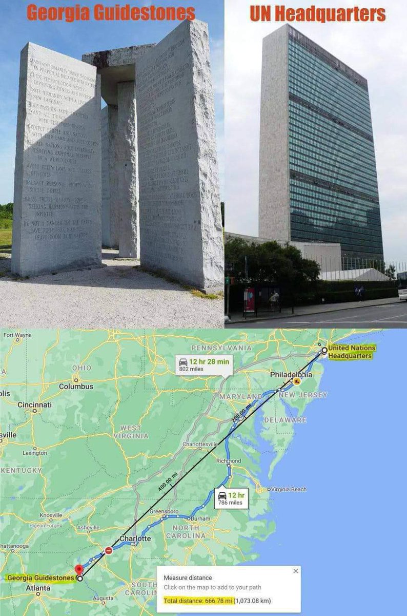 Fbc_Pt's tweet photo. 😈😈😈
Les Georgia #GuideStones sont dans maps à 666,78 miles du siège de l'#ONU à New York et que dire de la similitude des formes…
Ce n'est PAS une #coïncidence. https://t.co/d1tJsNe6CO