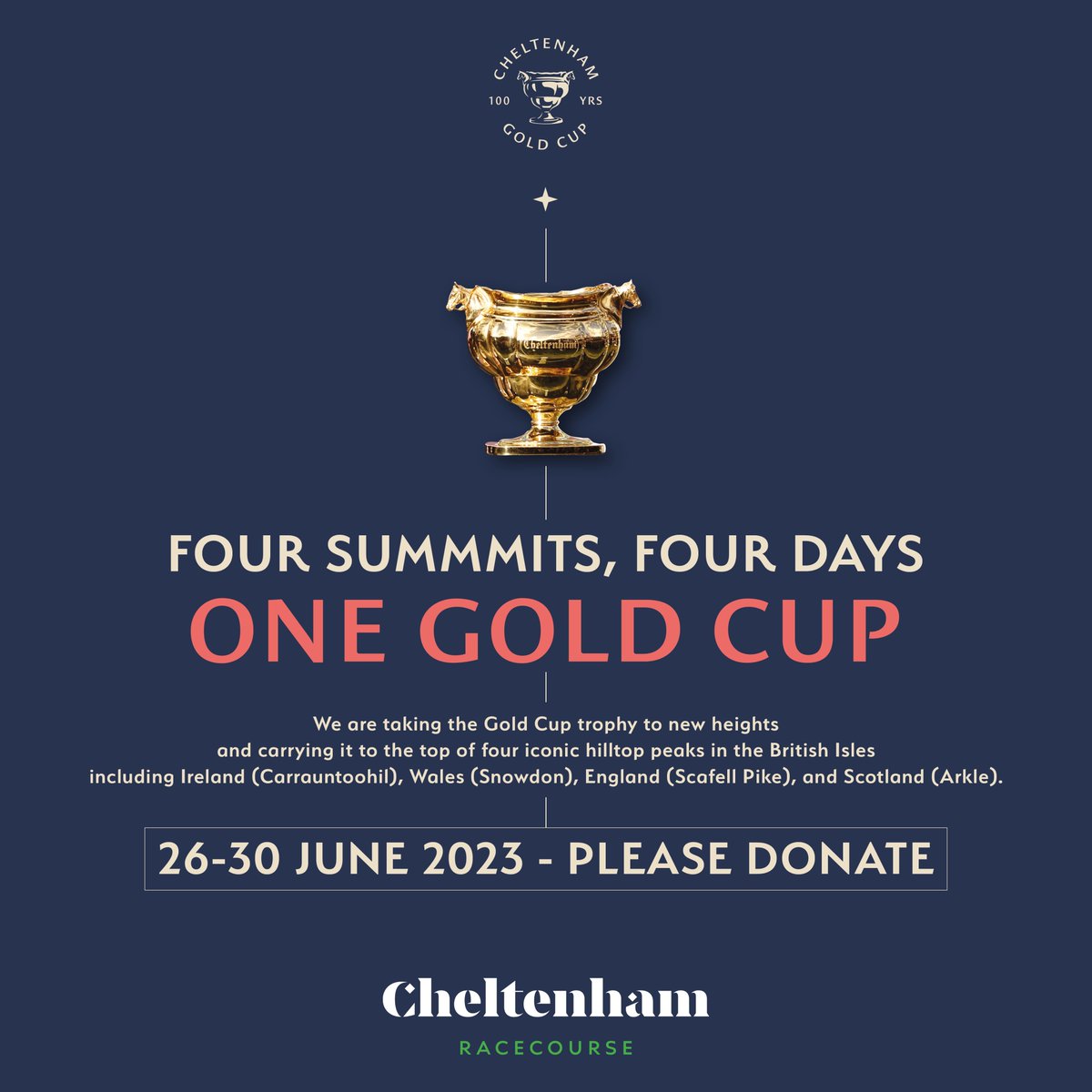 Four Days, Four Summits, One Gold Cup 🏆

To celebrate 100 years of the Cheltenham Gold Cup, the trophy will be taking on a special challenge next month in aid of @Racingwelfare...

Find out more and support the challenge here 👇
bit.ly/3MxXka8