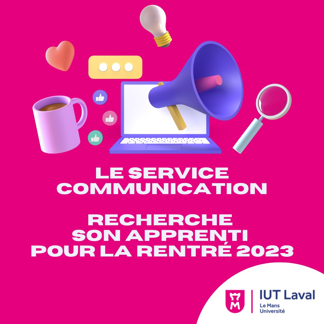 [APPRENTISSAGE] Nous sommes à la recherche de notre apprenti.e assistant.e de communication pour la rentrée de 2023 
➕ d'infos sur : emploi.univ-lemans.fr/poste/odf8owt9…

@iutdetours 
@iutlannion <a href="/IUT_LRSY/">IUT La Roche-sur-Yon</a>
@les_iut