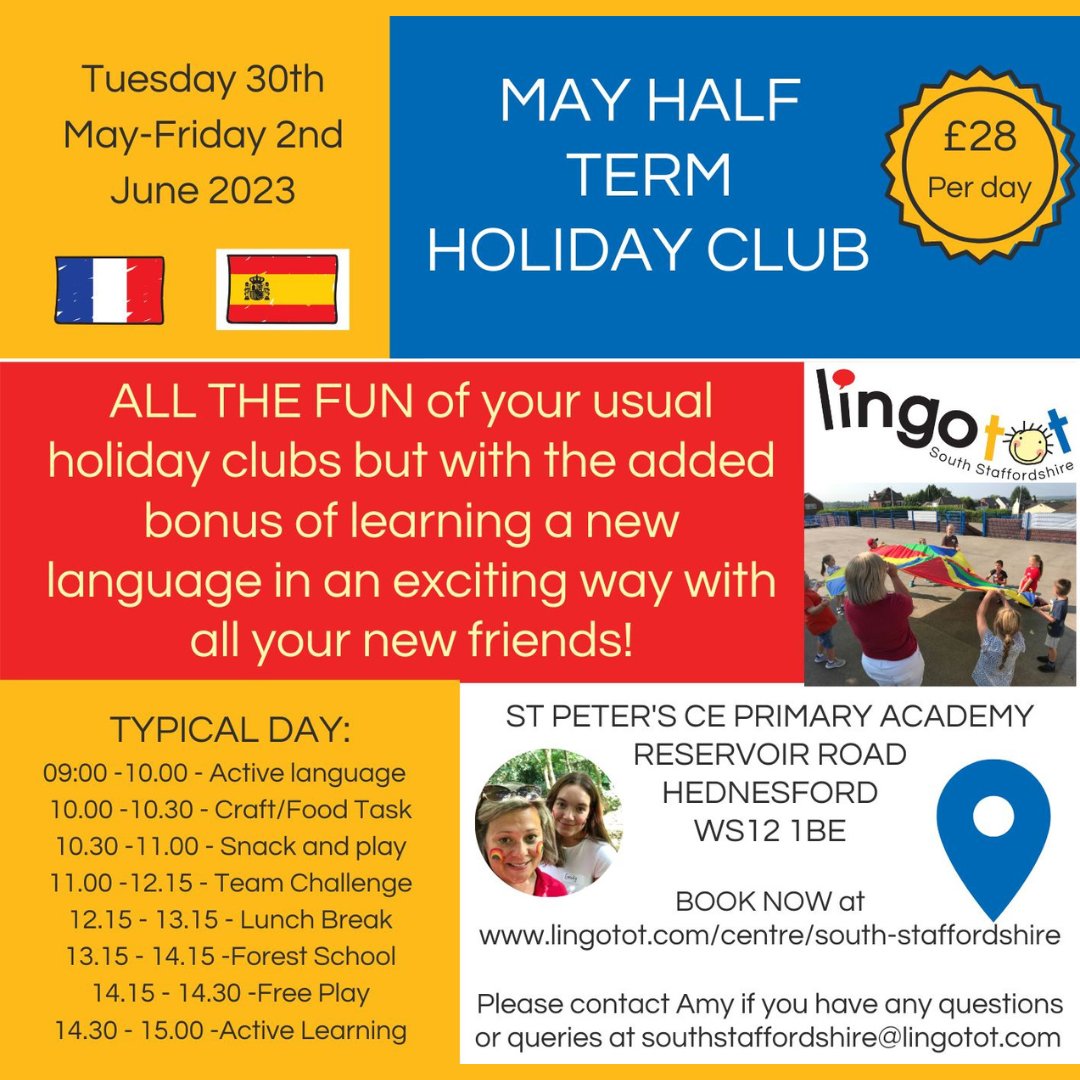 Don't forget, it's our May half term holiday club next week, led by Emily and Oscar! Please get in touch if you would like to book your child on.

#lingotot #lintotosouthstaffs #frenchteacher #spanishteacher