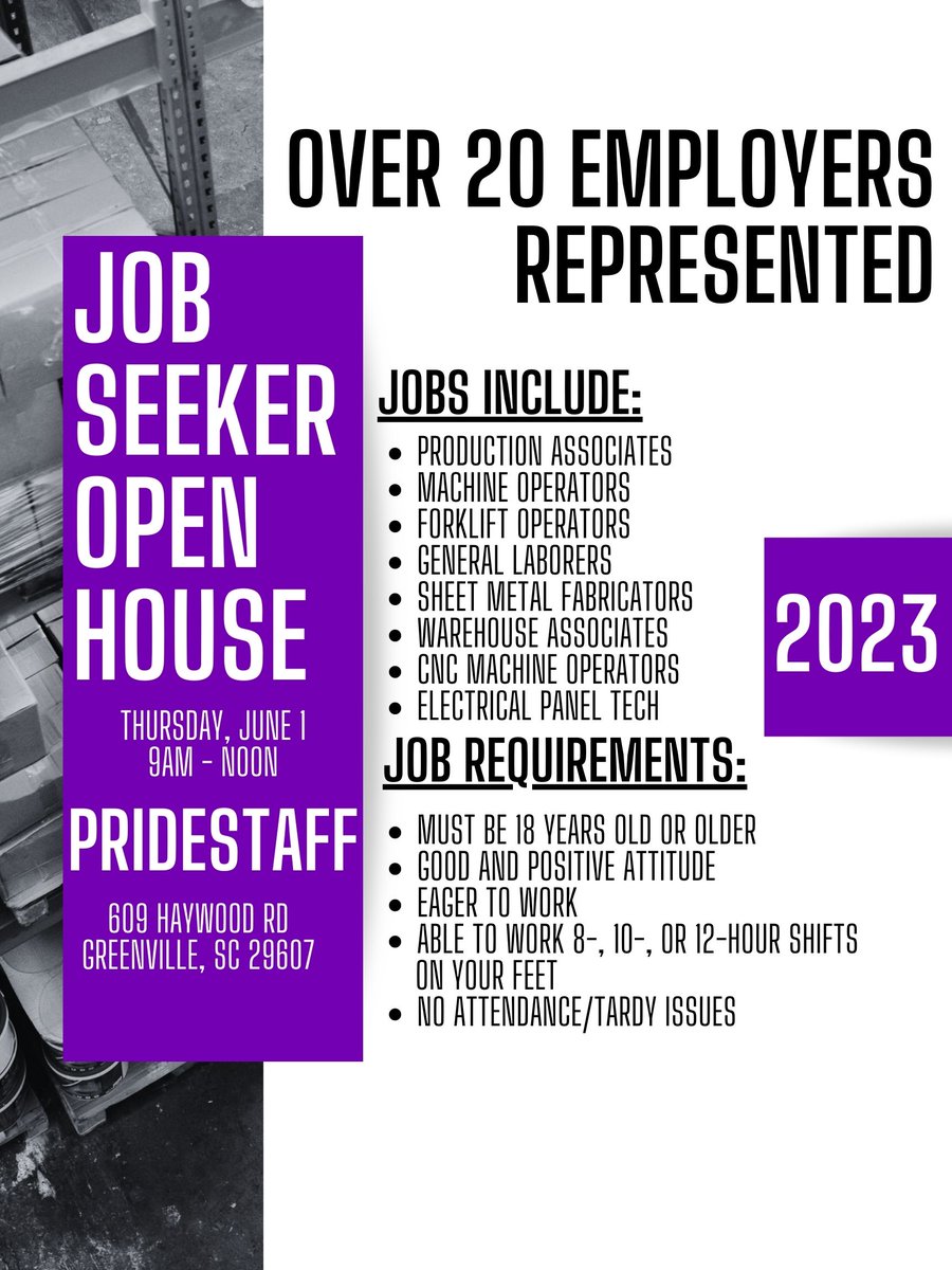 Come join us for our Job Seeker Open House next Thursday, June 1, 2023, from 9am to Noon at PrideStaff Greenville on Haywood Rd! We look forward to seeing you!

(864)987-9006

#jobs #jobsearch #jobfair  #pridestaff #yeahthatgreenville  #greenville  #hotjob #greenvillejobs