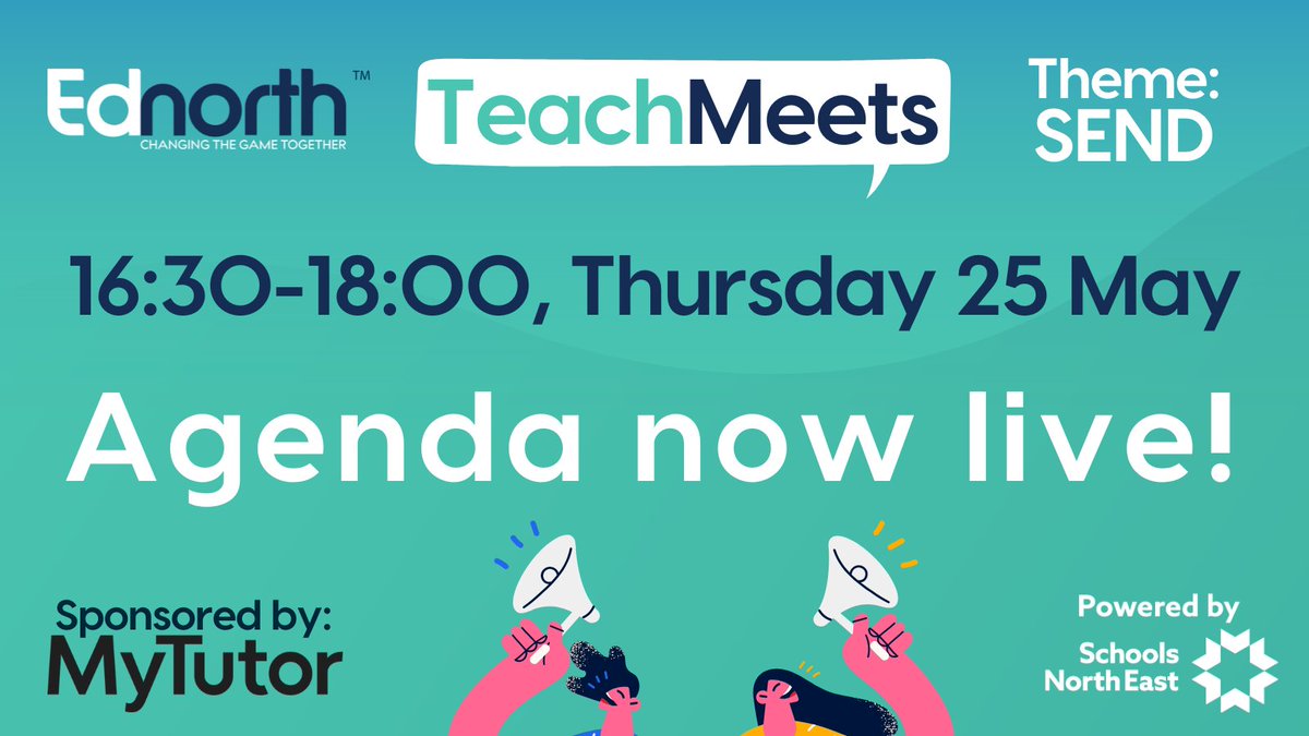 EdNorthUK's tweet photo. Only one hour to go until today's #SEND themed TeachMeet. See you all soon!
๐จ LAST CHANCE TO BOOK! https://t.co/1tpBga6InR
Read the Agenda: ๐ทhttps://t.co/yP25jS5DUF
Sponsored by: @MyTutor
#SpecialAndAP #TeachMeet #Ednorth #Teachers https://t.co/eaM6bYMJaV