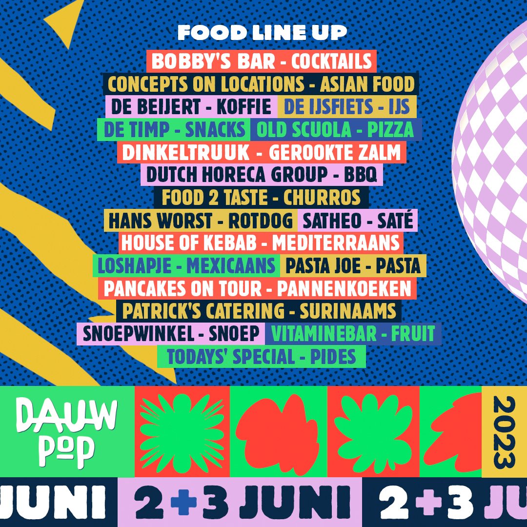 𝗗𝗮𝘂𝘄𝗽𝗼𝗽 𝗳𝗼𝗼𝗱 𝗹𝗶𝗻𝗲-𝘂𝗽 𝟮𝟬𝟮𝟯! 🎉✨

Tijdens Dauwpop hoef je je geen zorgen te maken over een knorrende maag, want op ons festival hebben we een gevarieerd aanbod aan food en drinks waar iedereen blij van wordt! Ontdek ons culinaire paradijs op 2 en 3 juni! 🍽️💃