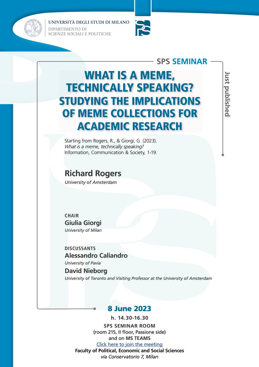 Upcoming special event! What is a meme, technically speaking? with <a href="/GiuliaGiorgi14/">Giulia Giorgi</a> together with <a href="/afrontiercity/">Alessandro Gandini</a> and <a href="/gamespacenl/">@nieborg.bsky.social</a>, live stream from Milan. All welcome!