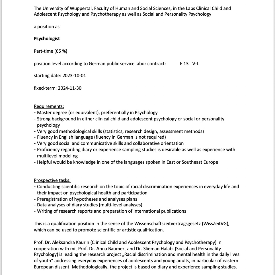 Aleksa Kaurin (she/her) (@aleksakaurin) on Twitter photo Very exciting news - @baumertan's, <a href="/HalabiSlieman/">Slieman Halabi</a>'s & my project got funded (more soon) and we're looking for YOU to join our research on experiences of racial discrimination in the daily lives of youth 📱📈📏.
Please share widely!
…ellenausschreibungen.uni-wuppertal.de/qisserver/rds?… Very exciting news - @baumertan's, <a href="/HalabiSlieman/">Slieman Halabi</a>'s & my project got funded (more soon) and we're looking for YOU to join our research on experiences of racial discrimination in the daily lives of youth 📱📈📏.
Please share widely!
…ellenausschreibungen.uni-wuppertal.de/qisserver/rds?…