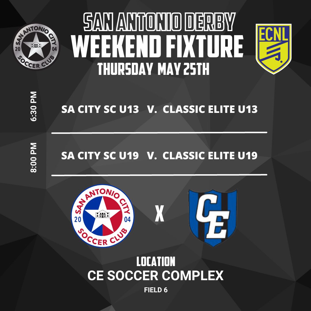 San Antonio Derby - Rain Out Games rescheduled for Today! Our SA City U13 & U19 ECNL Boys are playing against CE! Stop by and support the boys!

📍CE Soccer Complex
🗓May 25th, 2023

#BuildingTheCITY #SACityProud
🔵🔴