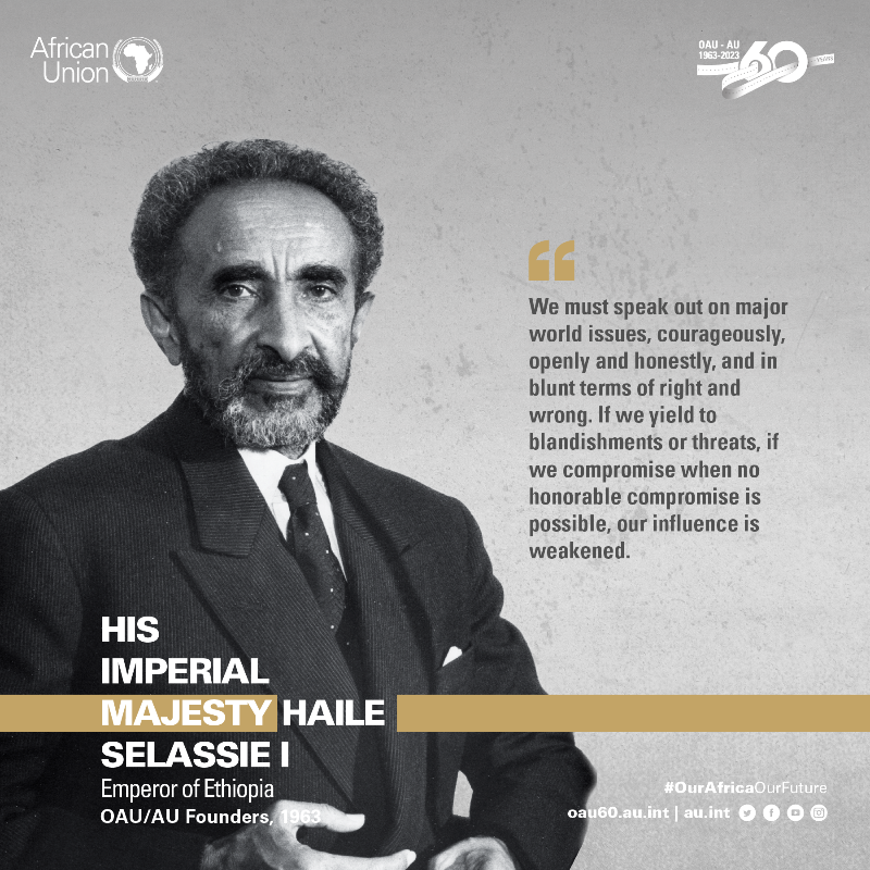 _AfricanUnion's tweet photo. History teaches us that unity is strength &amp; cautions us to submerge &amp; overcome our differences in the quest for common goals, to strive, with all our combined strength, for a path to true African brotherhood &amp; unity #HaileSelassie  #Ethiopia #AfricaDay #OurAfricaOurFuture